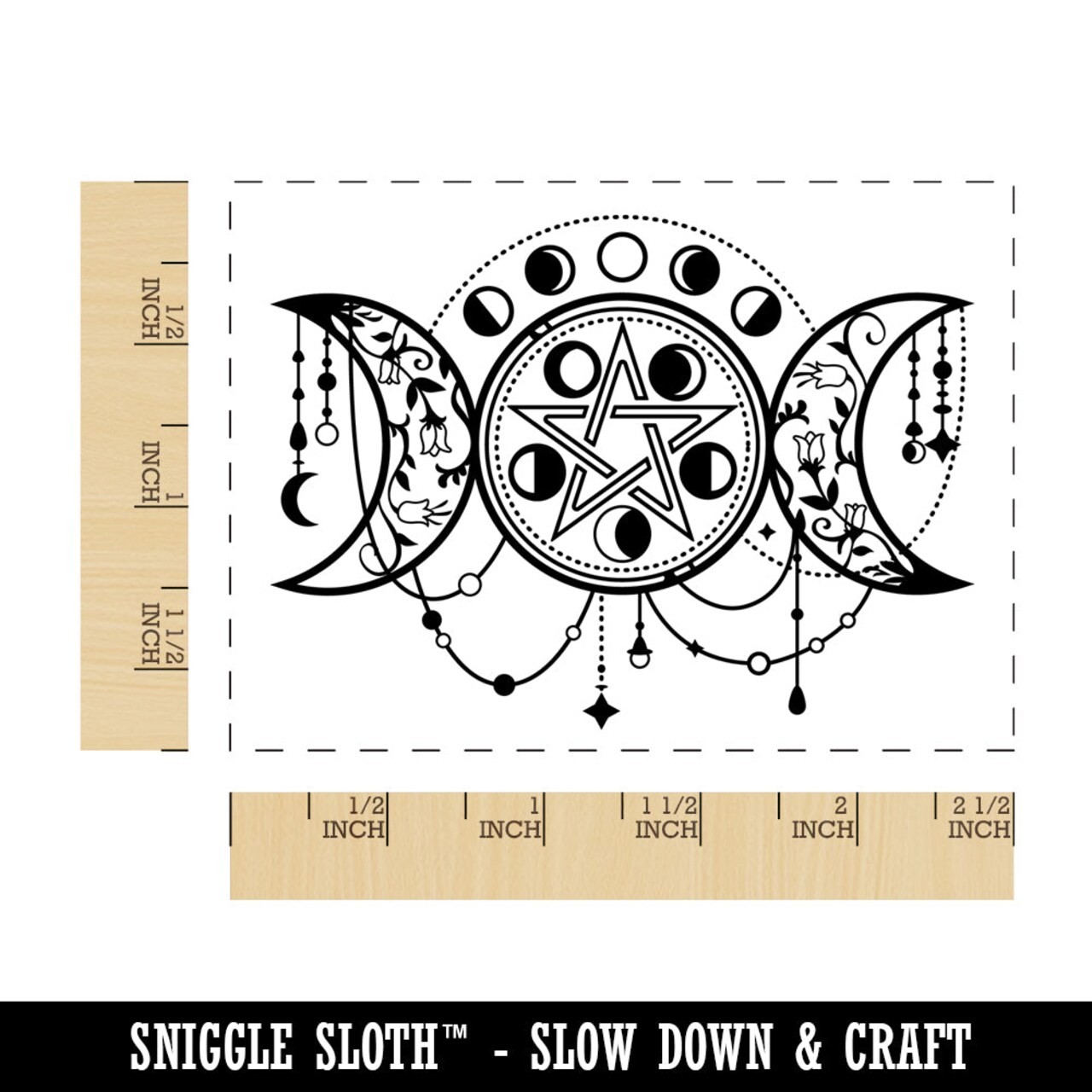 Triple Goddess Moon Waxing Full Waning Pentacle Rectangle Rubber Stamp for Stamping Crafting